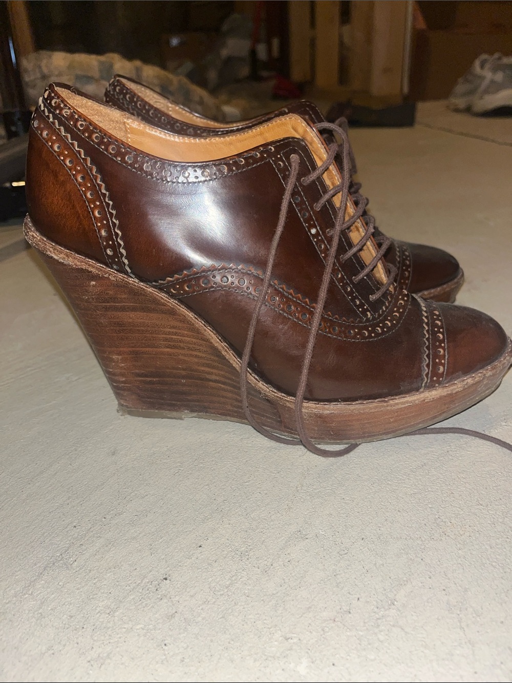 Zara Brown Leather Lace-Up Wedge Oxford Heels